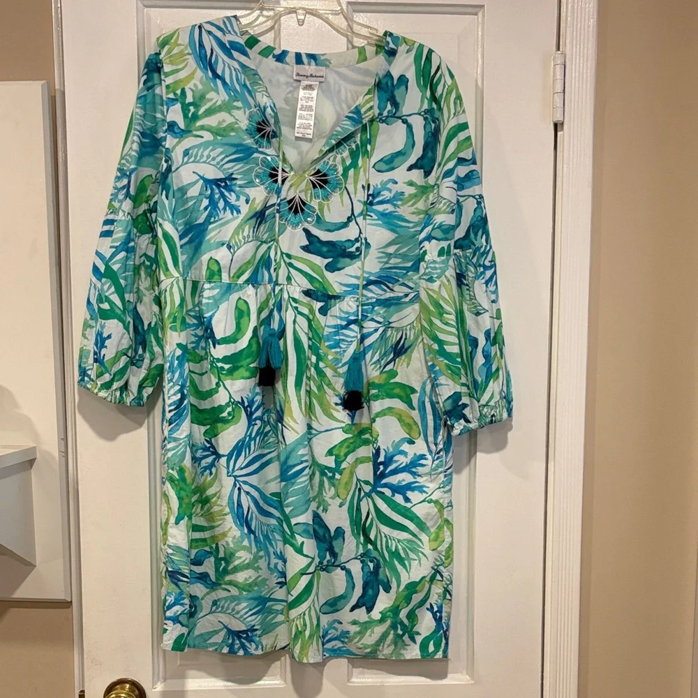 TOMMY BAHAMA tropical Salina Key Seas Fronds women’s dress  Blue Green M EUC - Picture 3 of 6
